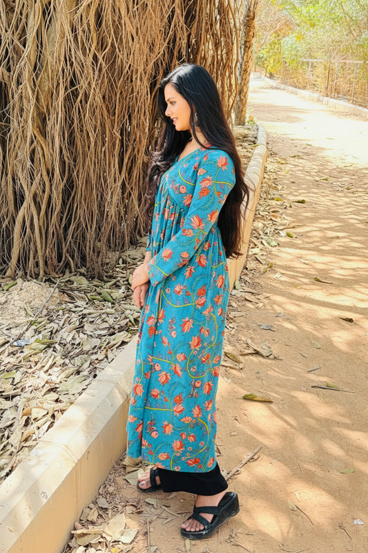 Teal Floral Alia Cut Cotton Kurti