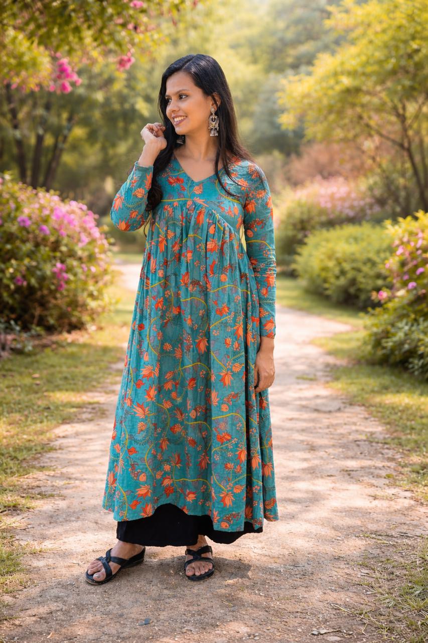 Teal Floral Alia Cut Cotton Kurti