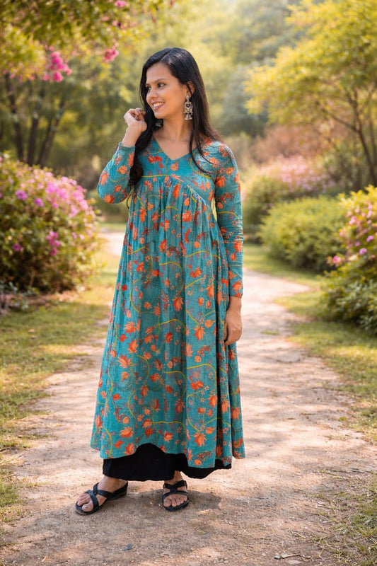Teal Floral Alia Cut Cotton Kurti